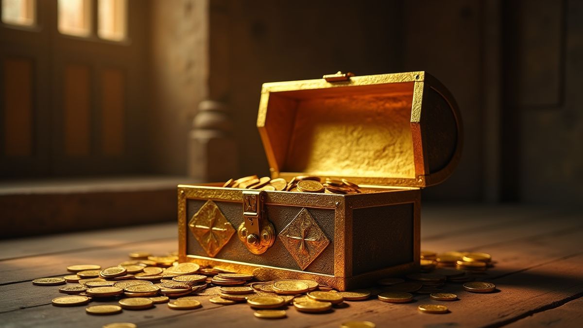 Ein goldener Schatztruhen, die mit Münzen in einem mittelalterlichen Raum überquillt.