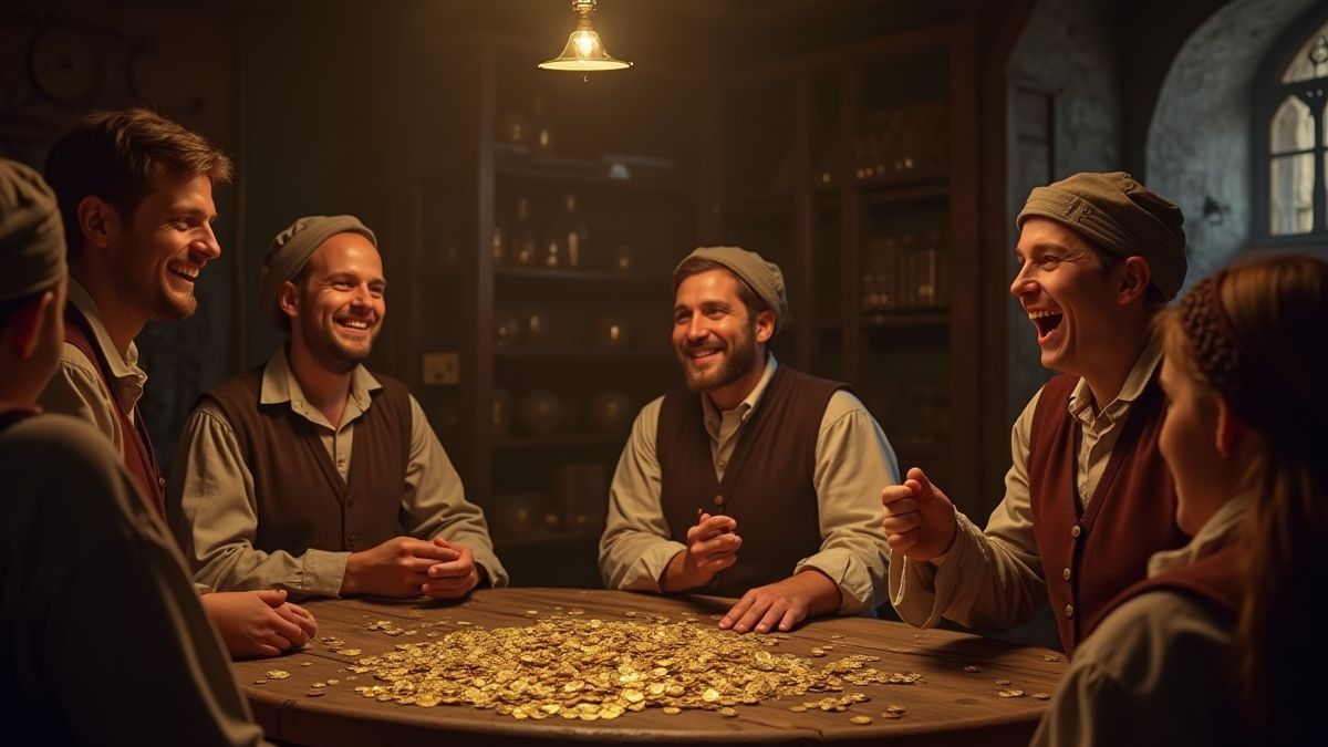 Mittelalterliche Diener zählen Goldmünzen in einer Taverne.