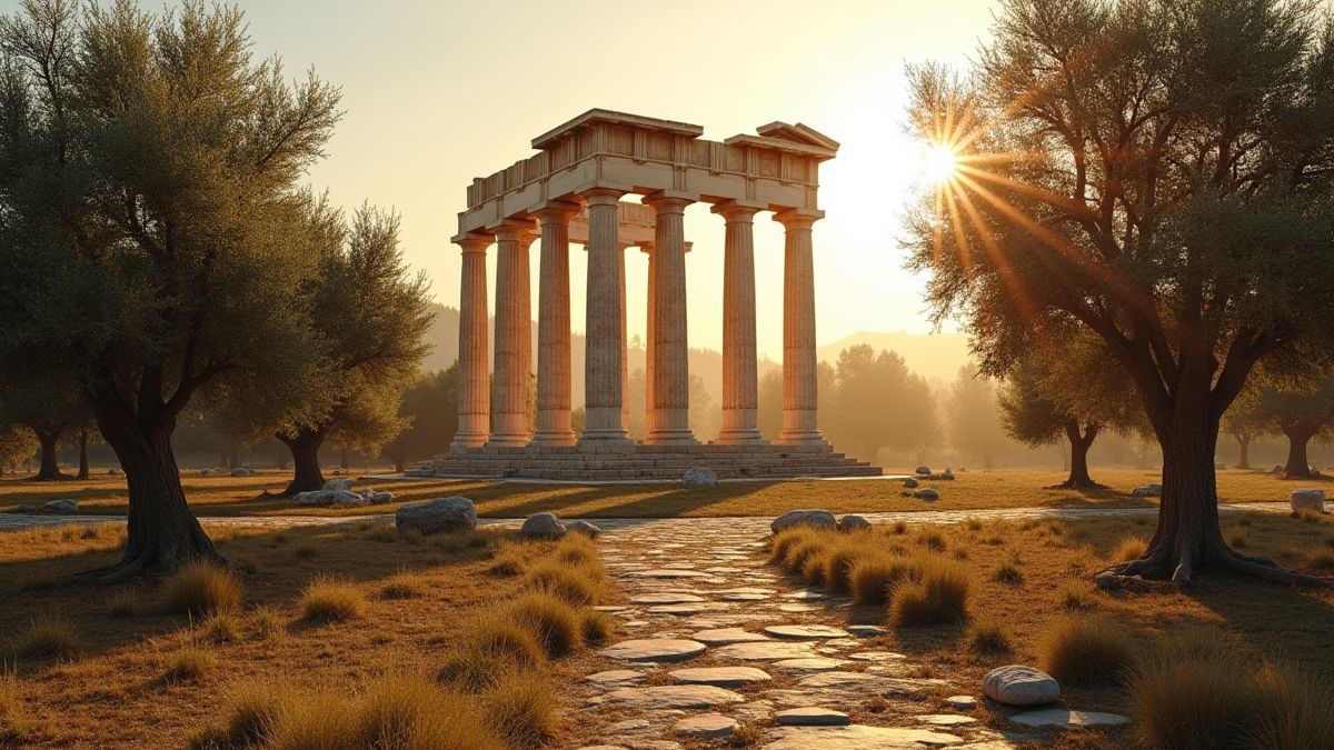 Grieks tempel omringd door olijfbomen in het zonlicht.