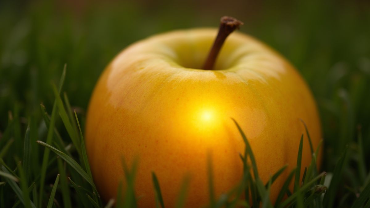 Gouden appel die fel oplicht in een weelderige tuin.