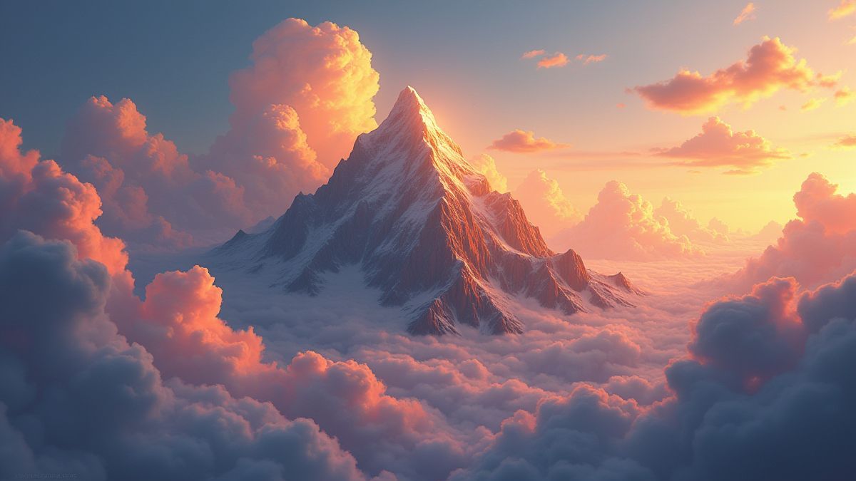 Geanimeerde Monte Olimpo met gloeiende wolken en gouden accenten.