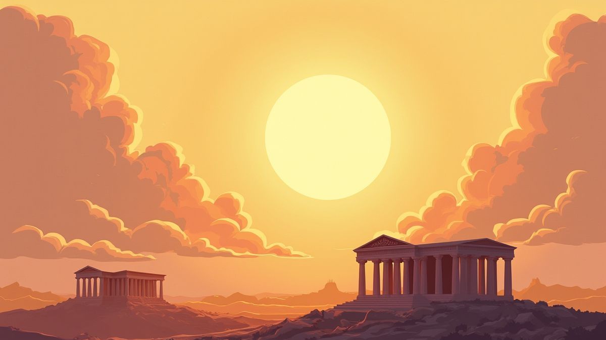 Templos gregos rodeados de céus dourados e nuvens.