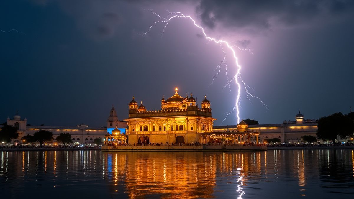 Rayos iluminando um templo dourado.