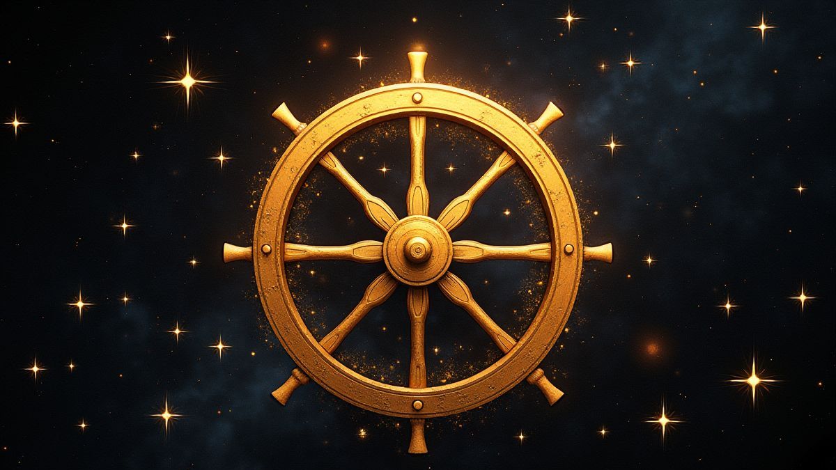 Roda dourada girando rodeada de estrelas.