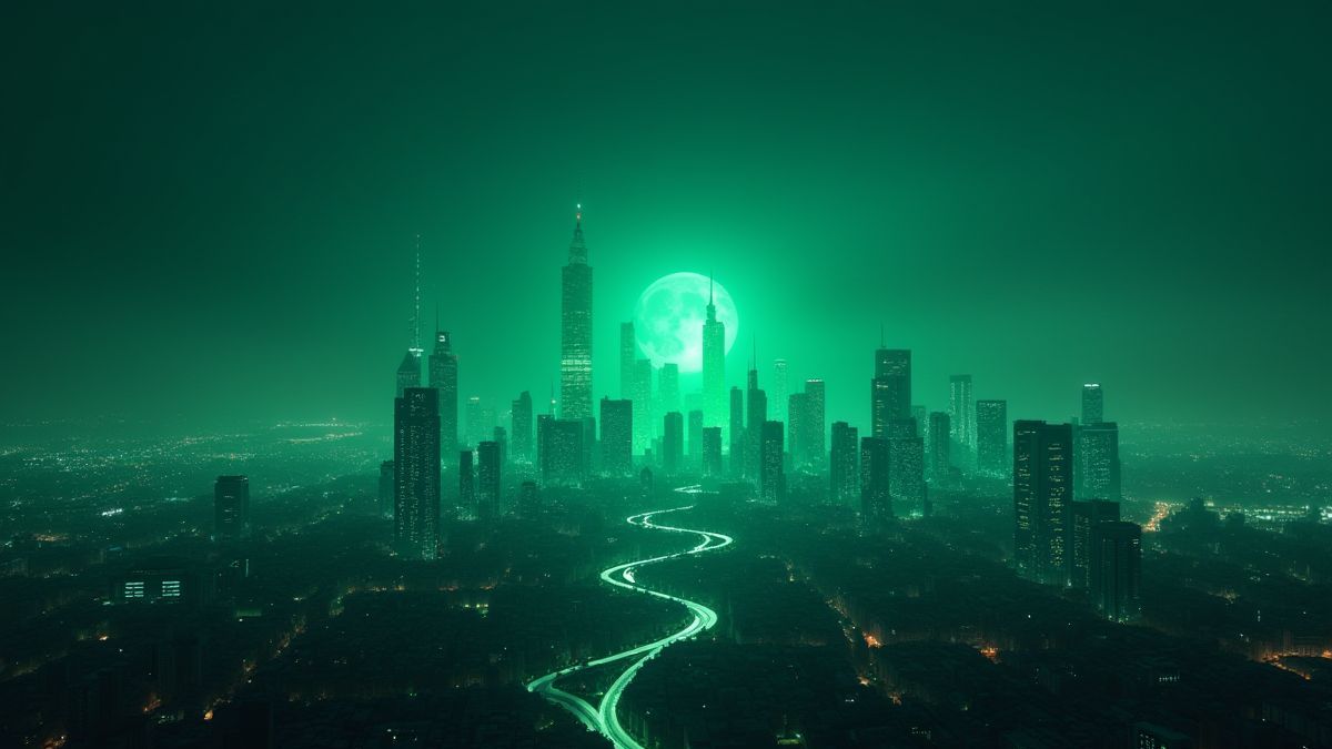 Stadsgezicht van een futuristische stad verlicht door een groene gloed.