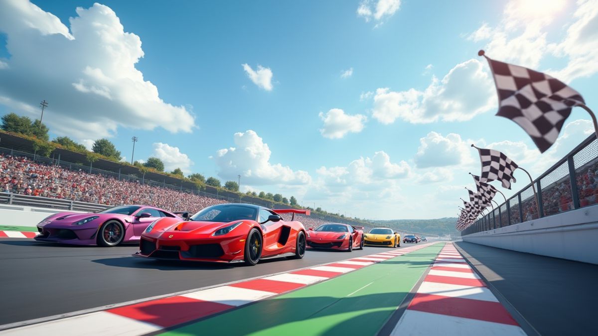 Pista de corridas com carros coloridos e bandeiras de xadrez.