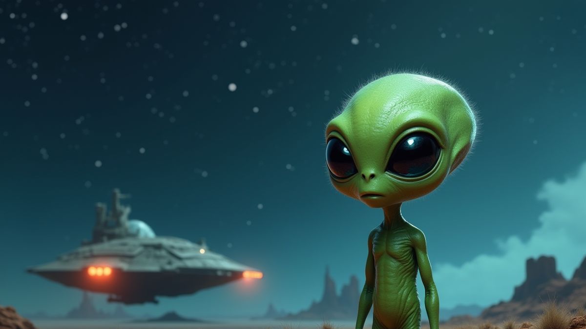 Een groene eencellige alien naast een ruimteschip onder een sterrenhemel.