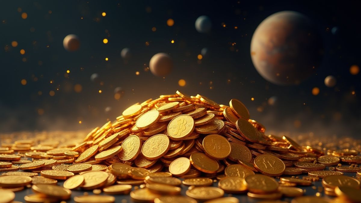 Stapeltje gouden munten dat in de ruimte zweeft met sterren en planeten op de achtergrond.