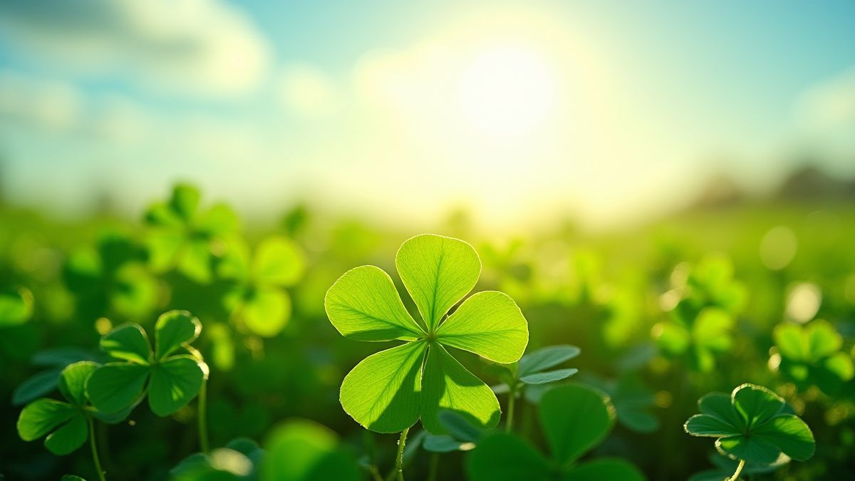Field of glowing green clovers under the sun.