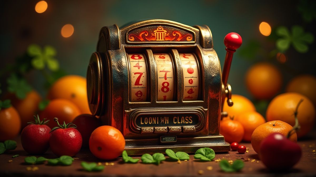 A vintage slot machine surrounded by bright fruits and clovers.