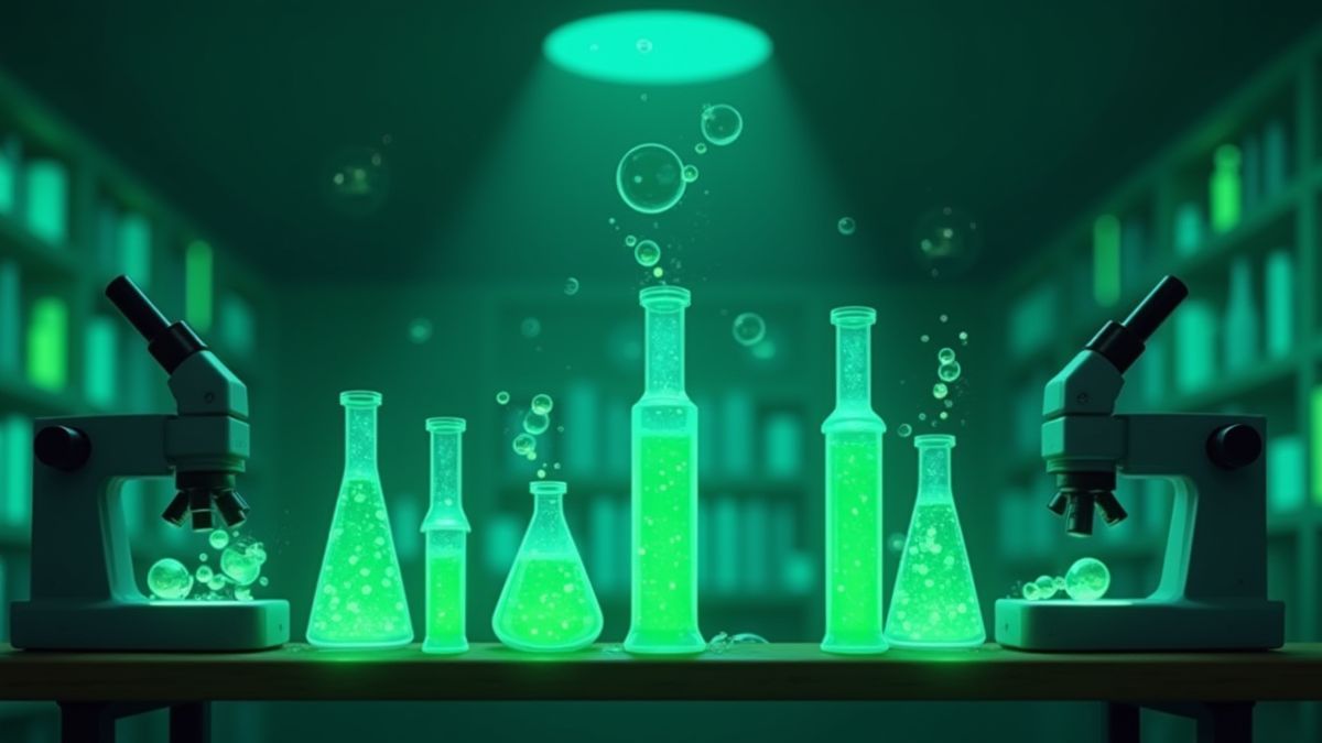 Animiertes Labor mit Reagenzgläsern und Mikroskopen.