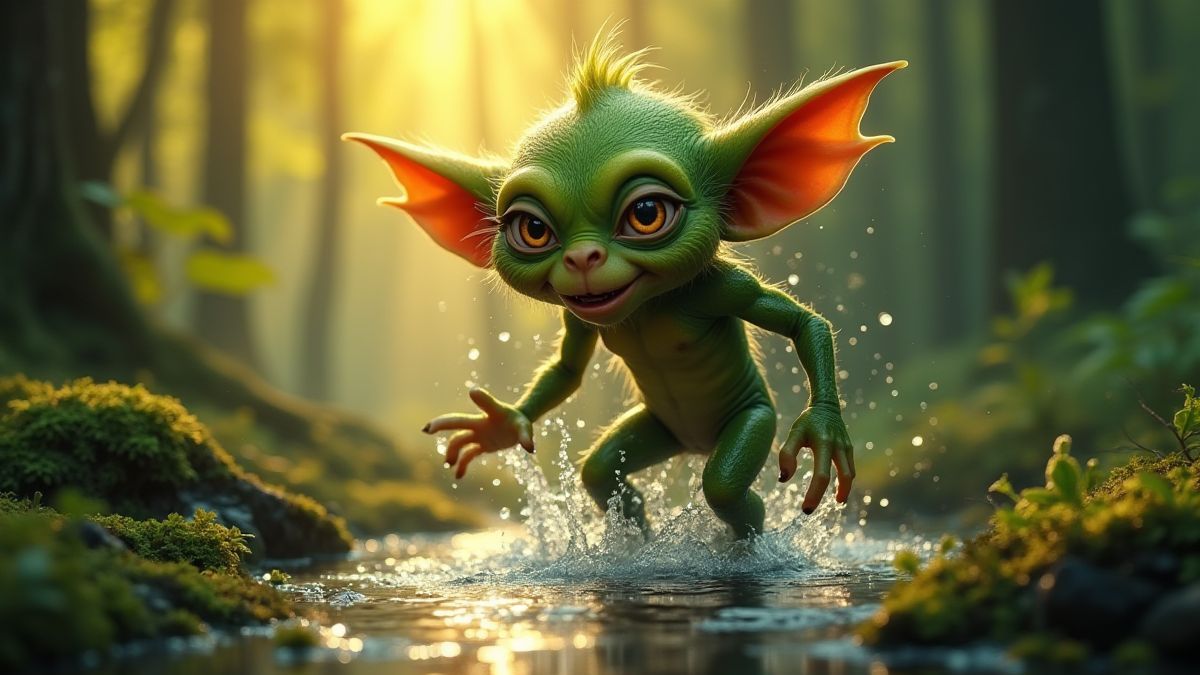 Un gremlin malicieux se mouillant dans une forêt magique.