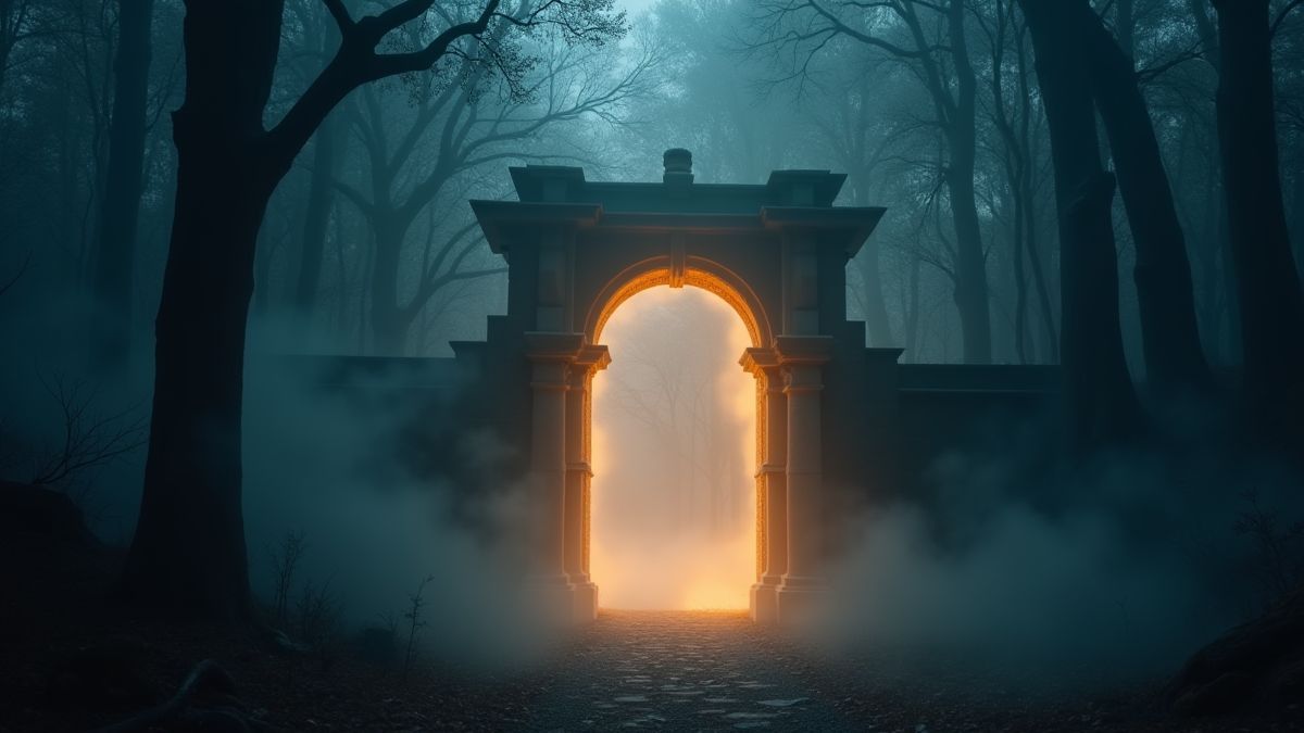 A magical door surrounded by mist in a dark forest.