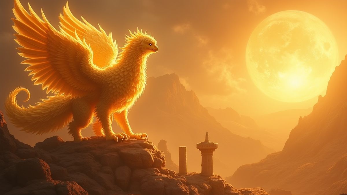 Golden griffins glowing under the sunlight on ancient ruins.