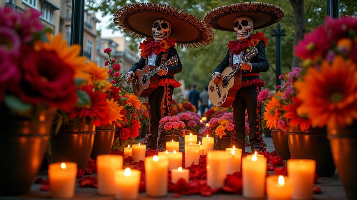 Celebração do Dia dos Mortos com flores e mariachis.