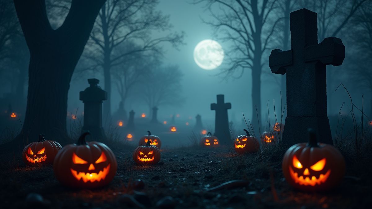 Cementerio espeluznante con calabazas brillantes y niebla al atardecer.