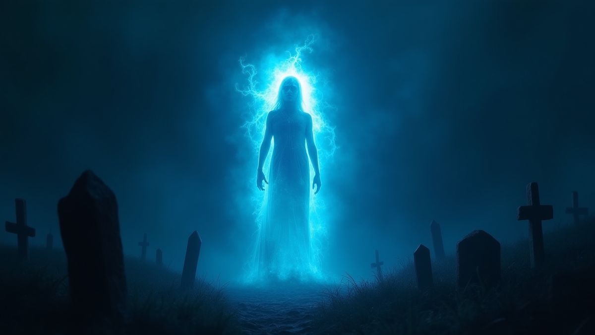 Alma azul brillante flotando sobre un cementerio oscuro.