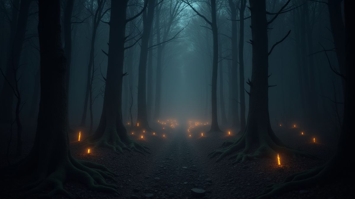 A dark forest with magical symbols shining in the air.