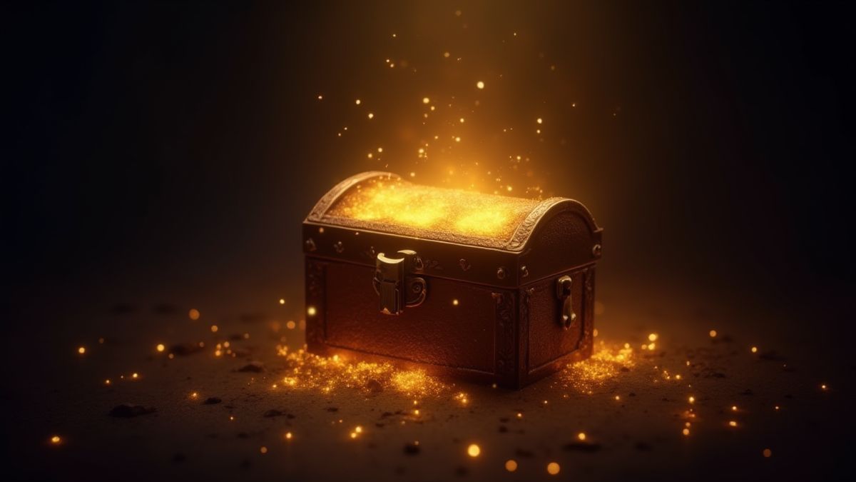 A magical treasure chest glowing with golden light in a dark room.