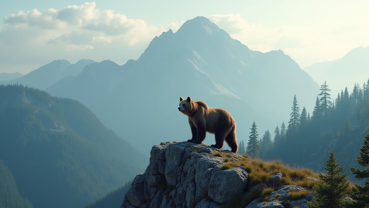 A grizzly bear on a mountain peak surrounded by forest views.