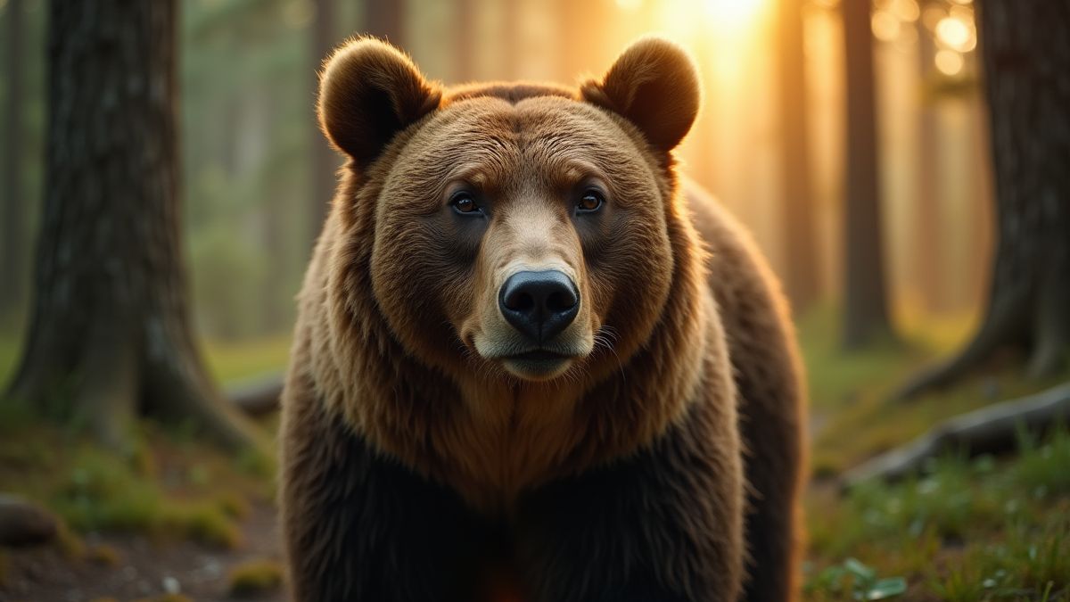 Um urso grizzly em uma floresta iluminada pela luz do sol.
