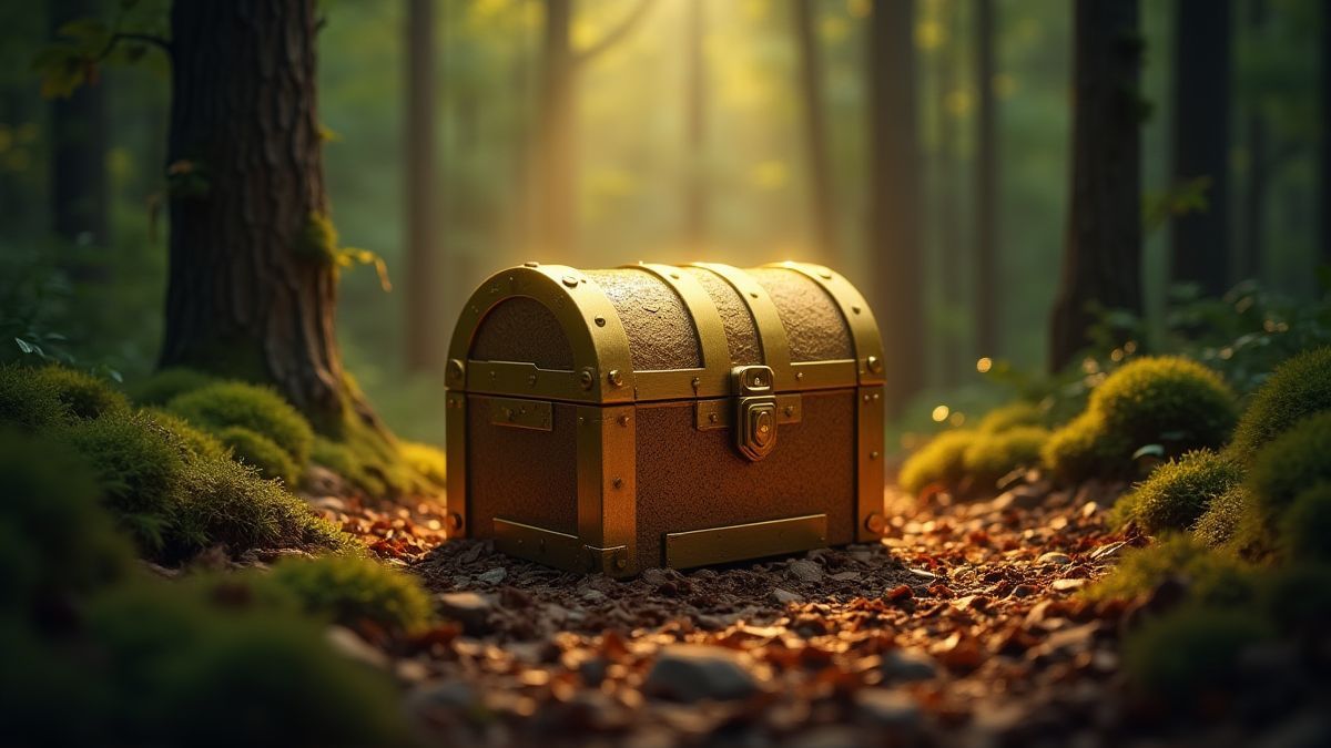 Um baú do tesouro dourado cercado por uma paisagem florestal.