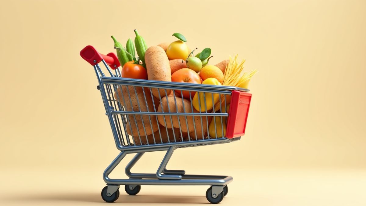 Animated shopping cart filled with food.