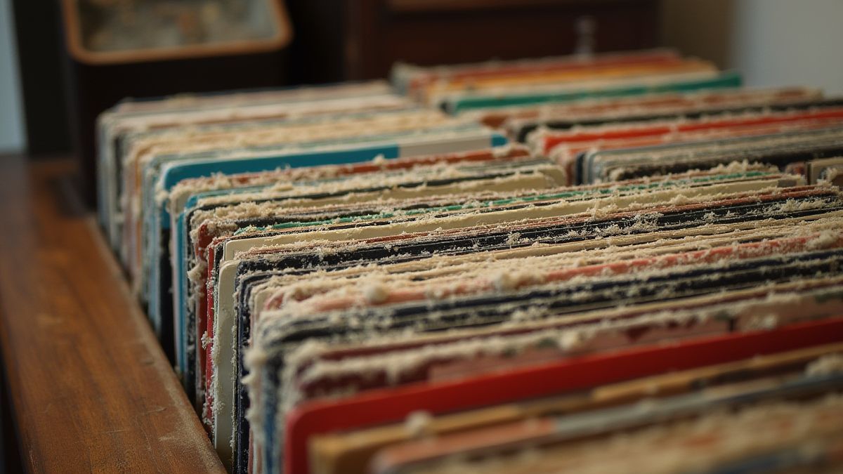 Collection of retro vinyl records on a wooden table with colorful covers.