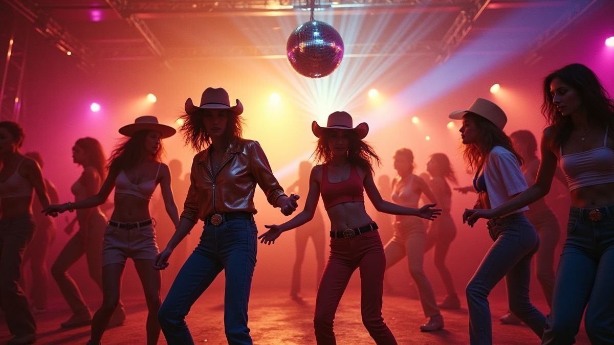 Colorful disco scene with dancers dressed in 70s attire under a disco ball.