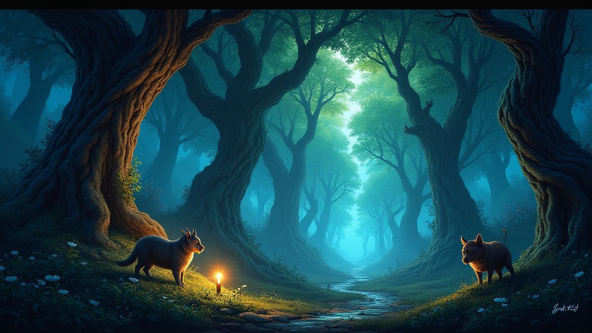 Een betoverd bos vol magische wezens.