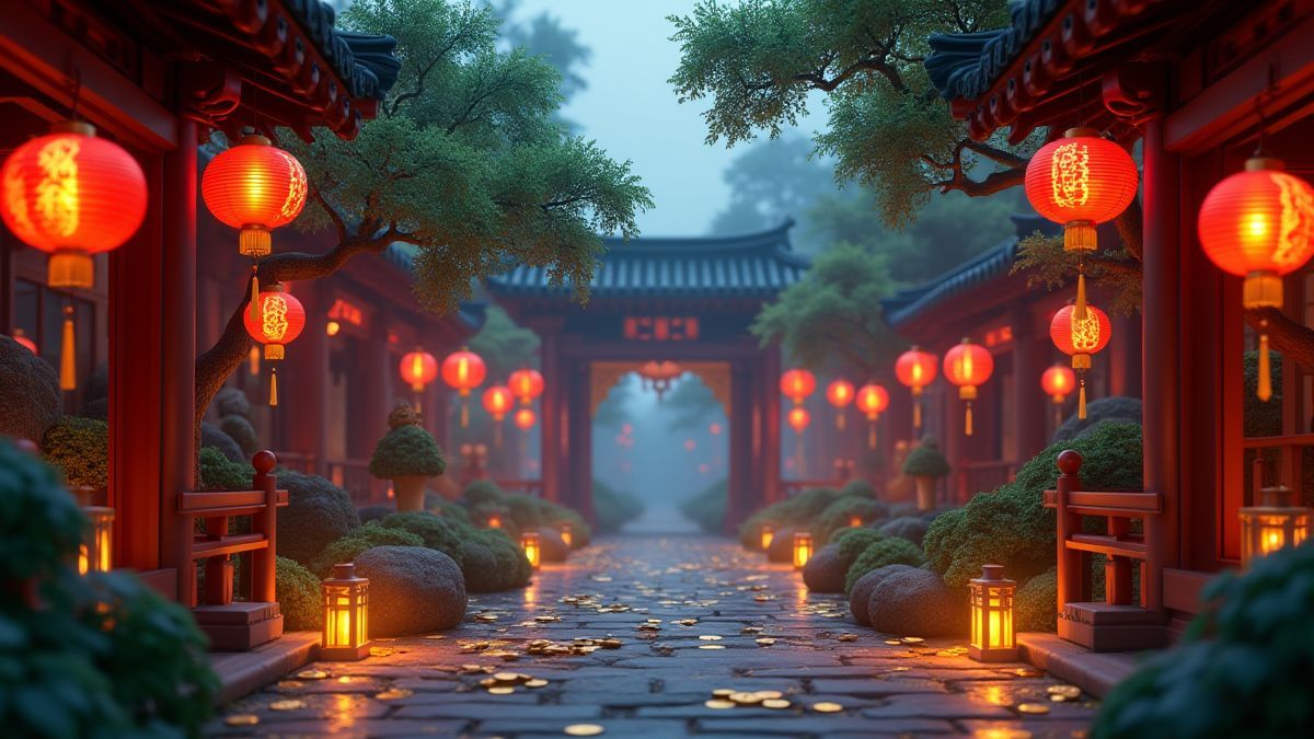 Um jardim chinês tranquilo com lanternas brilhantes e moedas douradas.