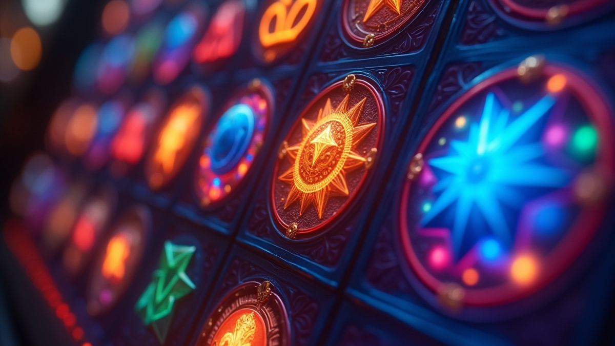 Rolos coloridos com símbolos místicos brilhando intensamente.