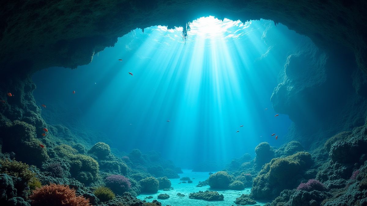 Une cueva submarina luminosa rodeada de corales y peces, con rayos de luz mística.