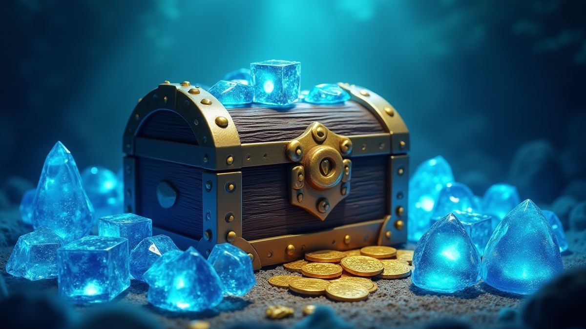 Un cofre del tesoro rodeado de gemas azules brillantes y monedas de oro en un ambiente submarino.