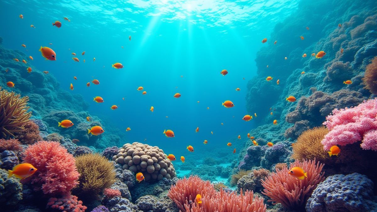 Un arrecife de coral colorido con peces tropicales nadando.