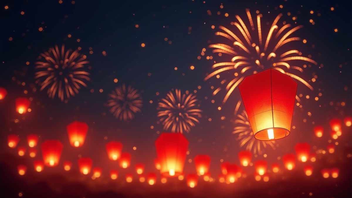 Farolillos chineses iluminados e fogos de artifício no céu noturno.