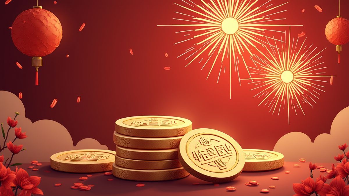 Moedas tradicionais chinesas rodeadas de fogos de artifício.