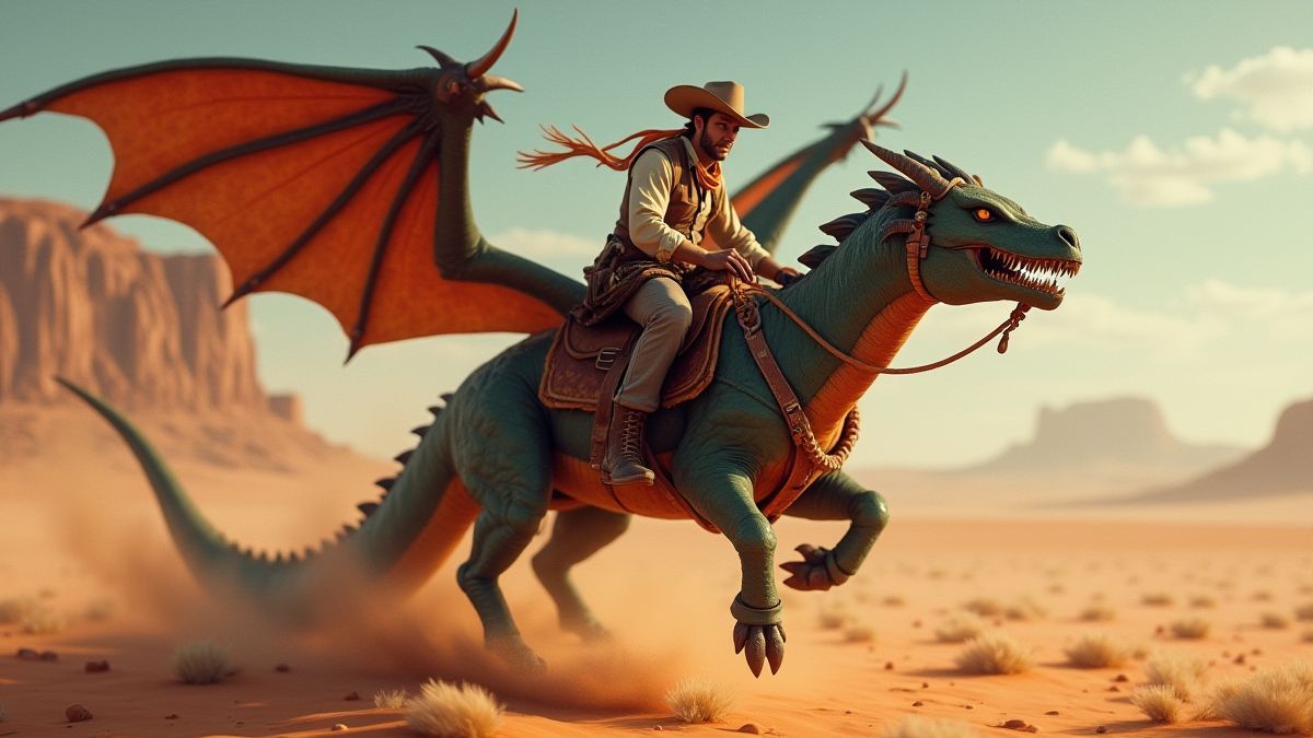 Un vaquero montando un dragón en un desierto estilo Western.