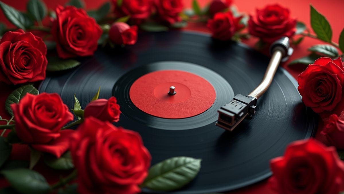Vinyl record spinning with roses around it, rock style.