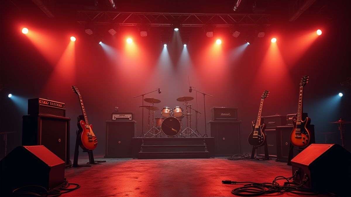Animated rock stage with guitars and bright lights.