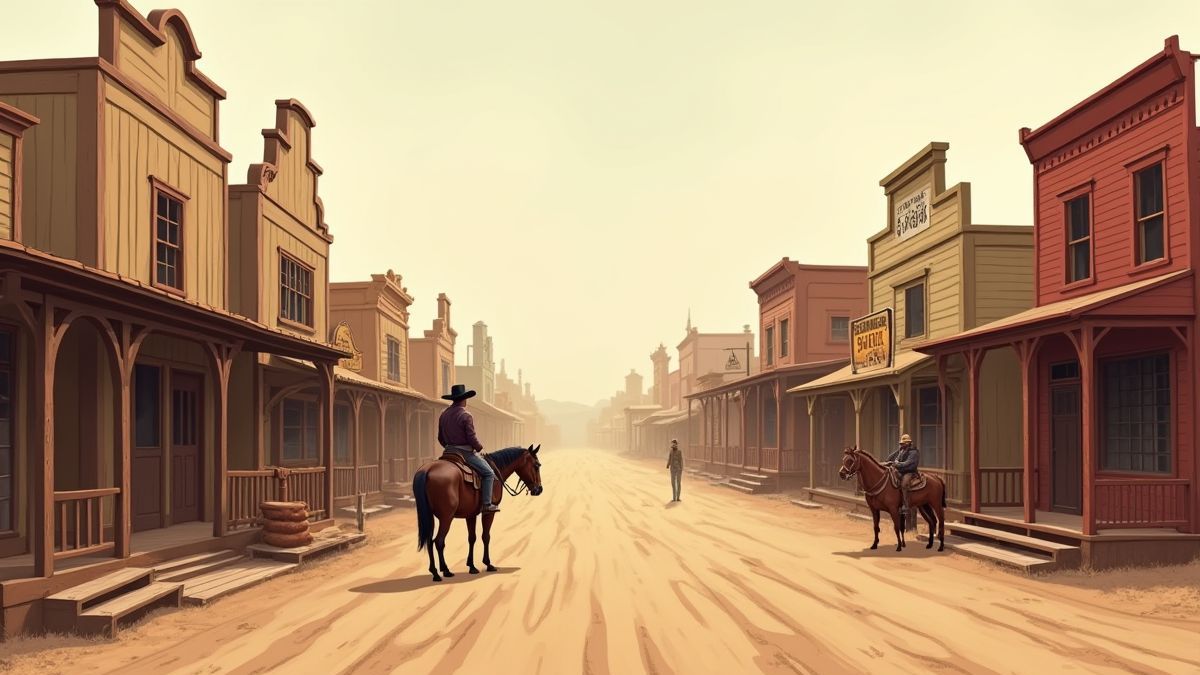 Pueblo polvoriento del Salvaje Oeste con saloons y caballos amarrados afuera.