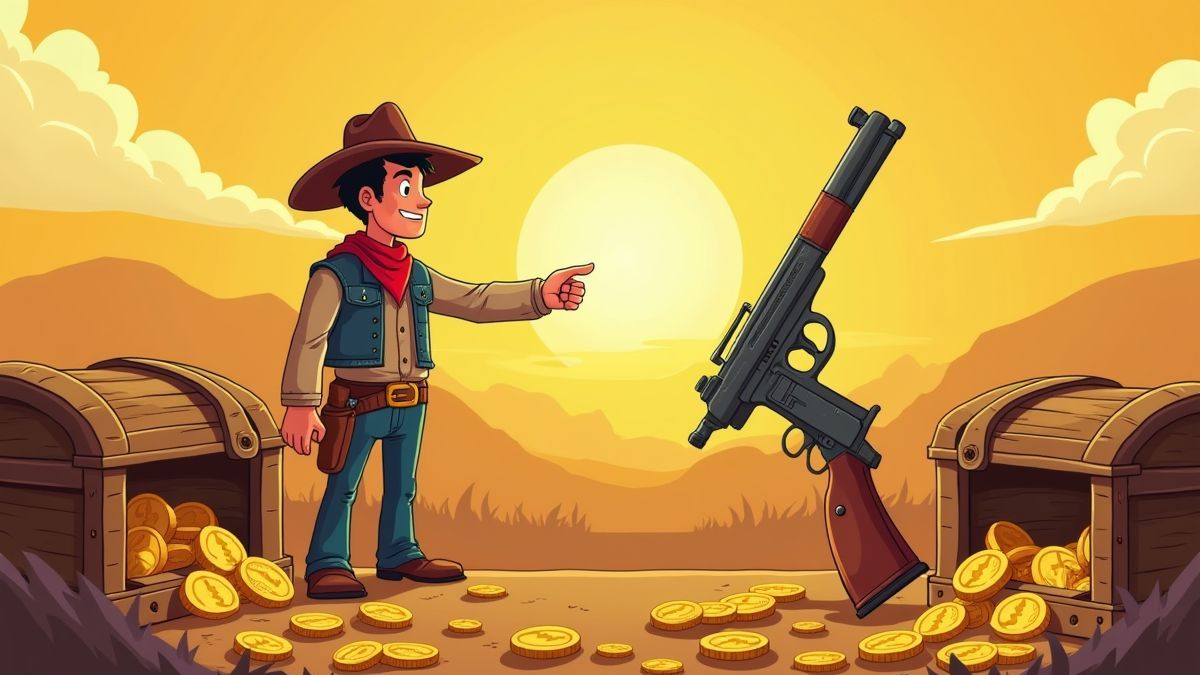 Vaquero eligiendo entre cofres llenos de monedas de oro y rifles.