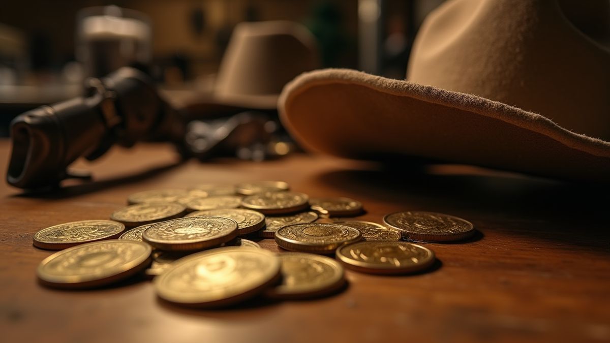 Pièces d'or et équipement de cowboy éparpillés sur une table en bois dans un saloon.