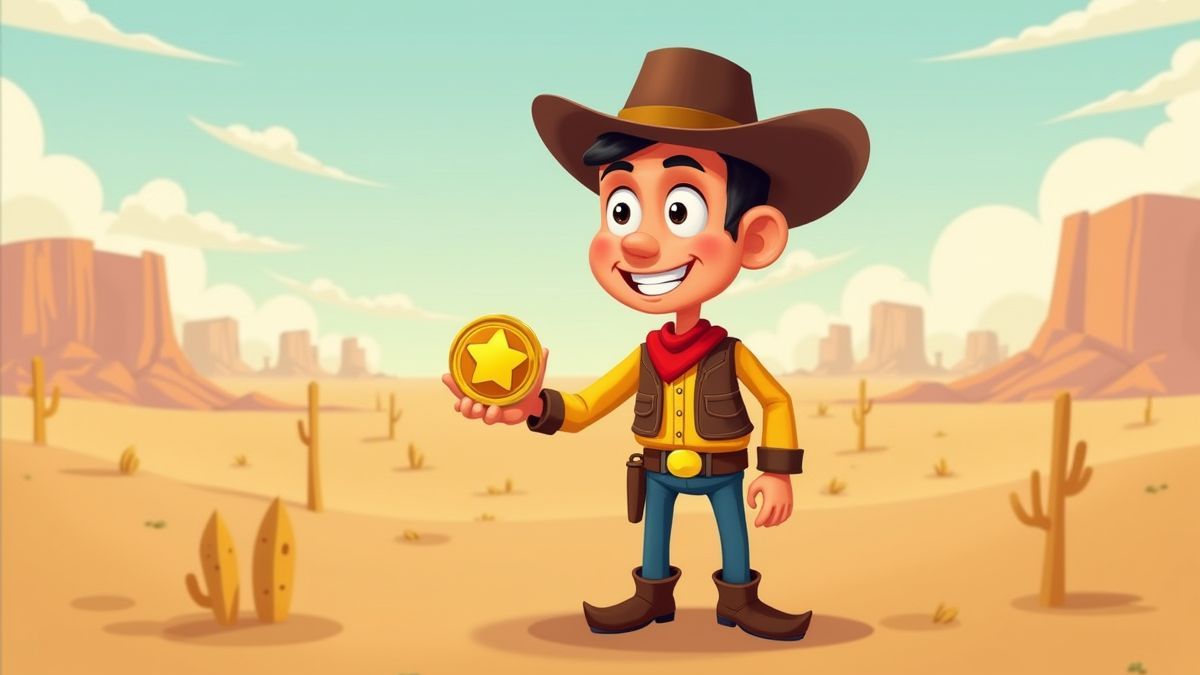 Um vaqueiro segurando uma insígnia dourada no deserto.