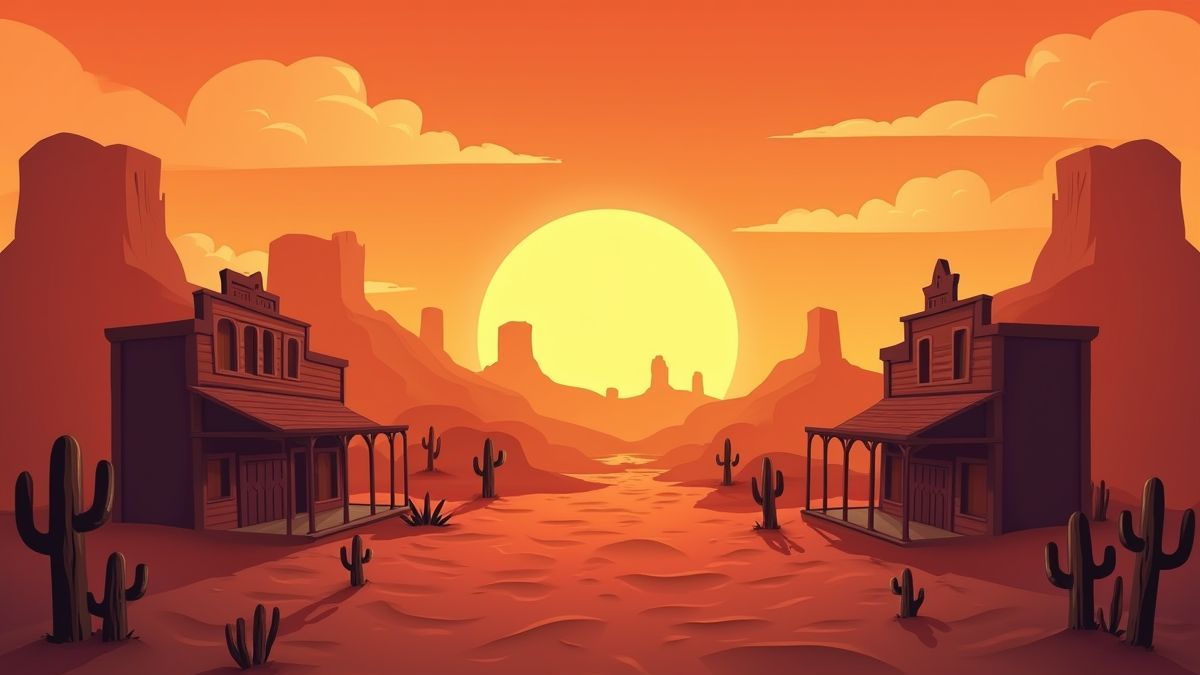 Uma paisagem desértica com salões e cactos ao pôr do sol.