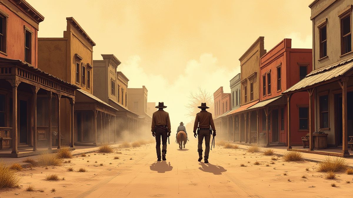 Uma rua polvorenta do Velho Oeste com portas de salão e cowboys passeando.