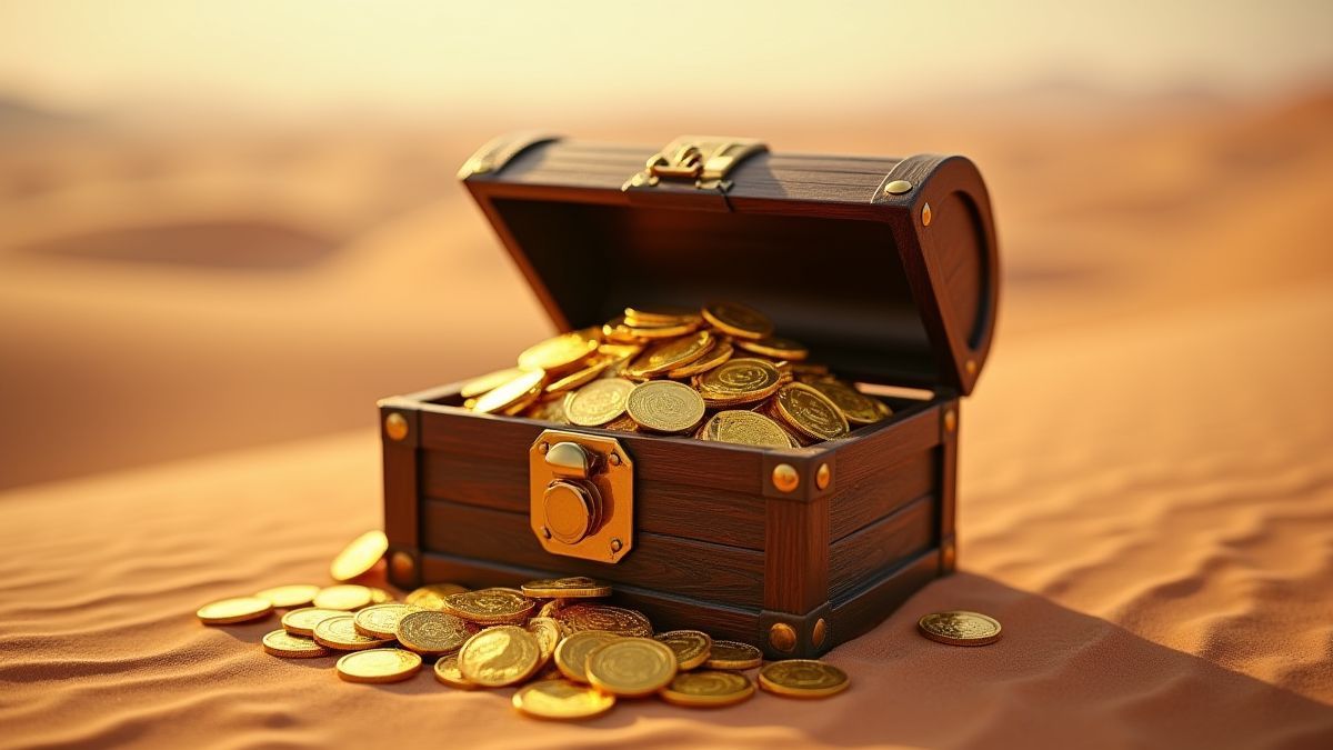 Um baú cheio de moedas de ouro no deserto.