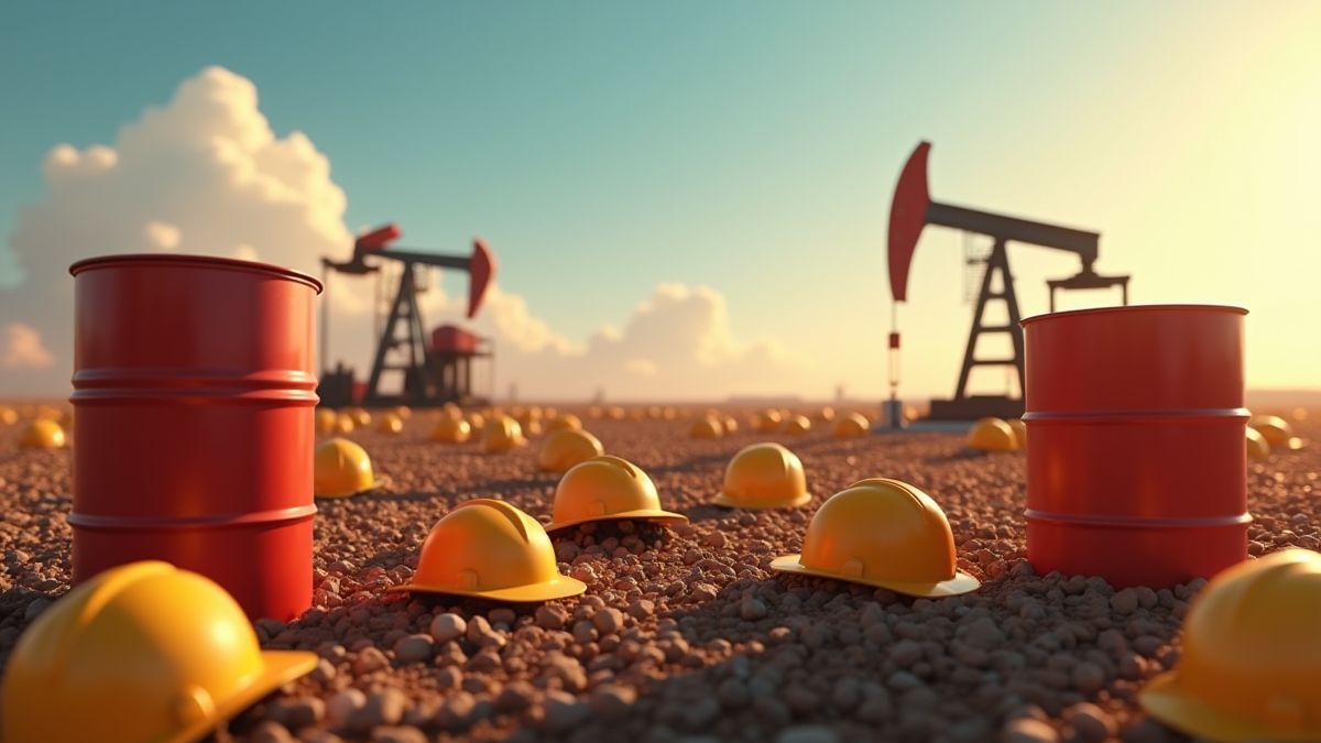 Barriles de petróleo y cascos de seguridad en un campo petrolero animado.