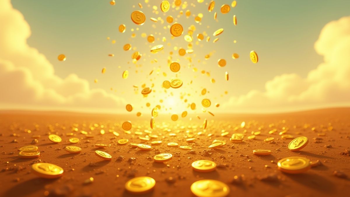 Monedas doradas cayendo en un campo petrolero animado.