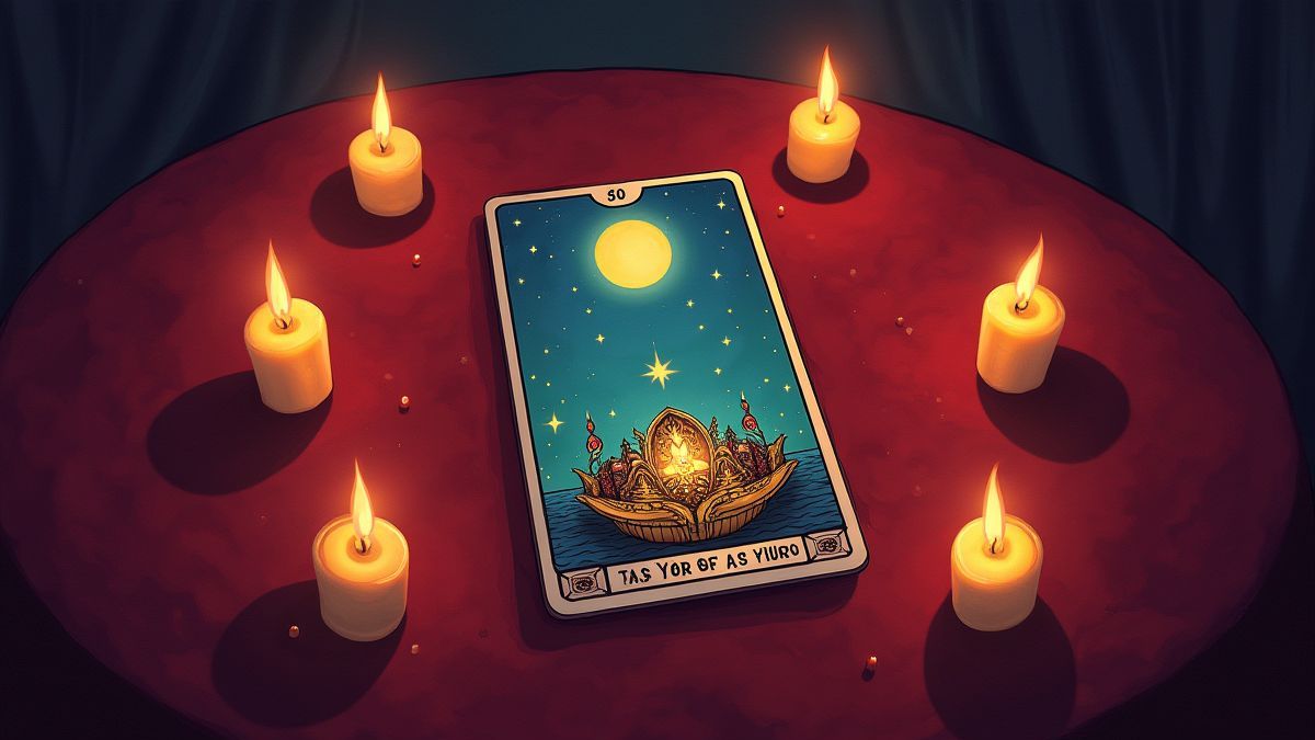 Eine mystische Tarotkarte auf einem Samttisch umgeben von Kerzen.